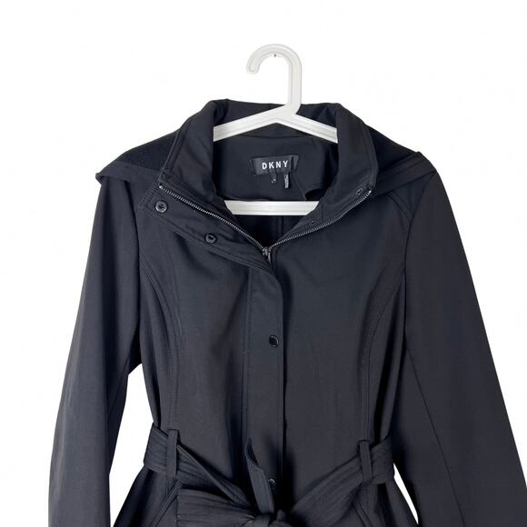 DKNY Black Hooded Belted Coat Women’s Medium Softshell Trench Jacket - Picture 2 of 8